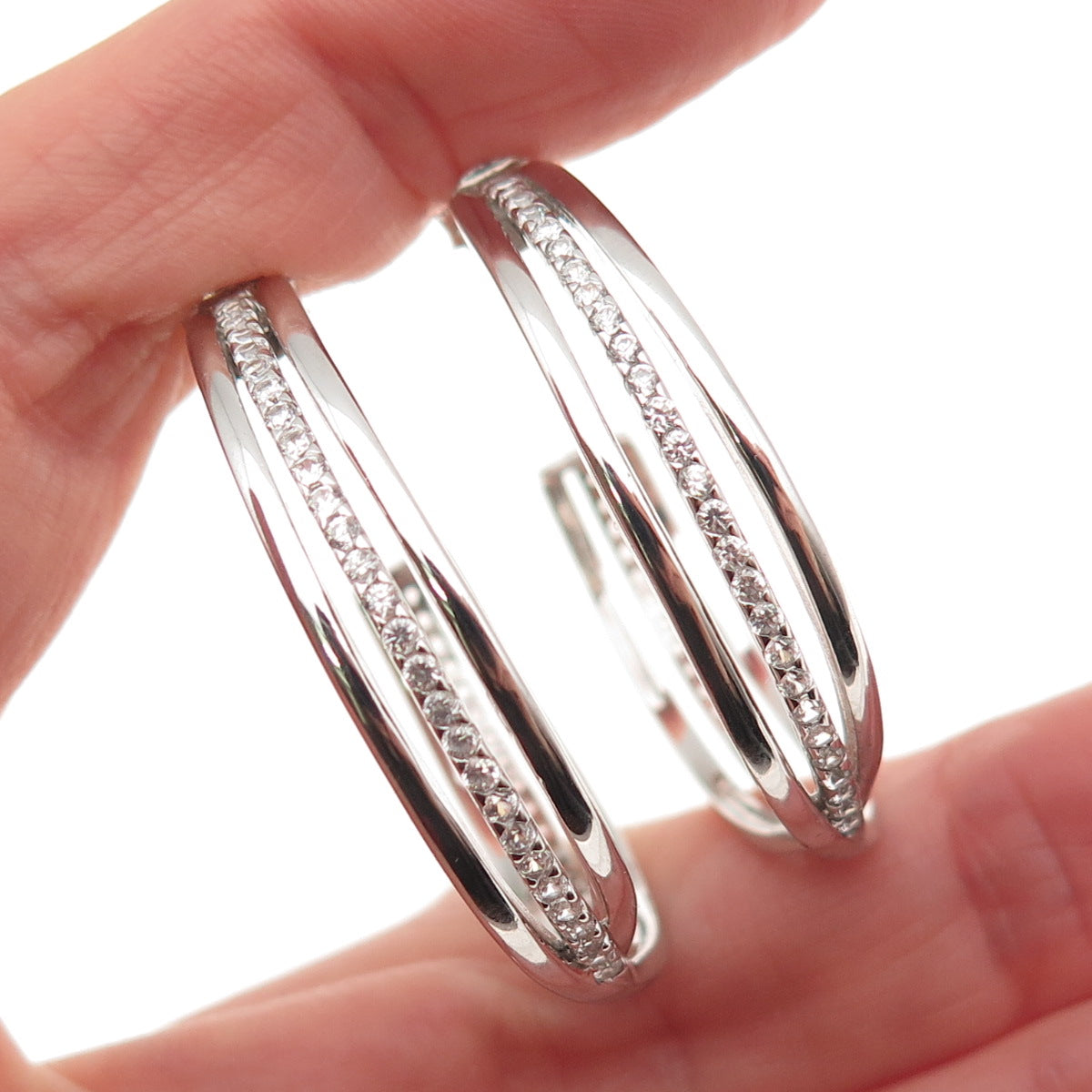 925 Sterling Silver Real Round-Cut White Topaz Crisscross Hoop Earrings