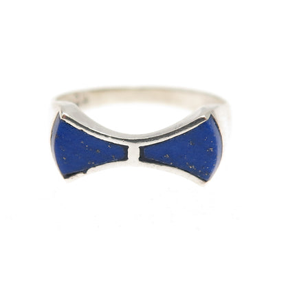 925 Sterling Silver Vintage Real Lapis Modernist Bow Ring Size 4.5