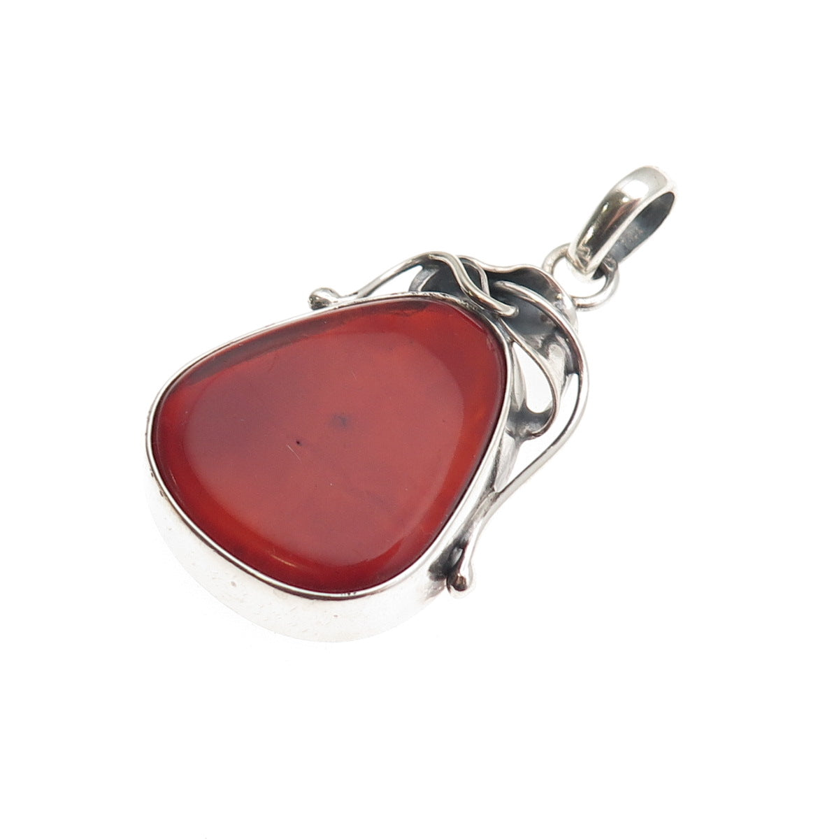 925 Sterling Silver Vintage Real Amber Modernist Oxidized Charm Pendant