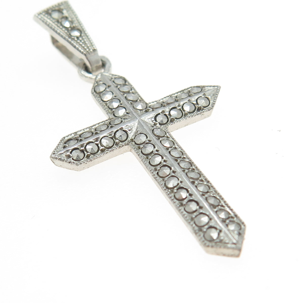 925 Sterling Silver Antique Art Deco Real Marcasite Gemstone Cross Pendant