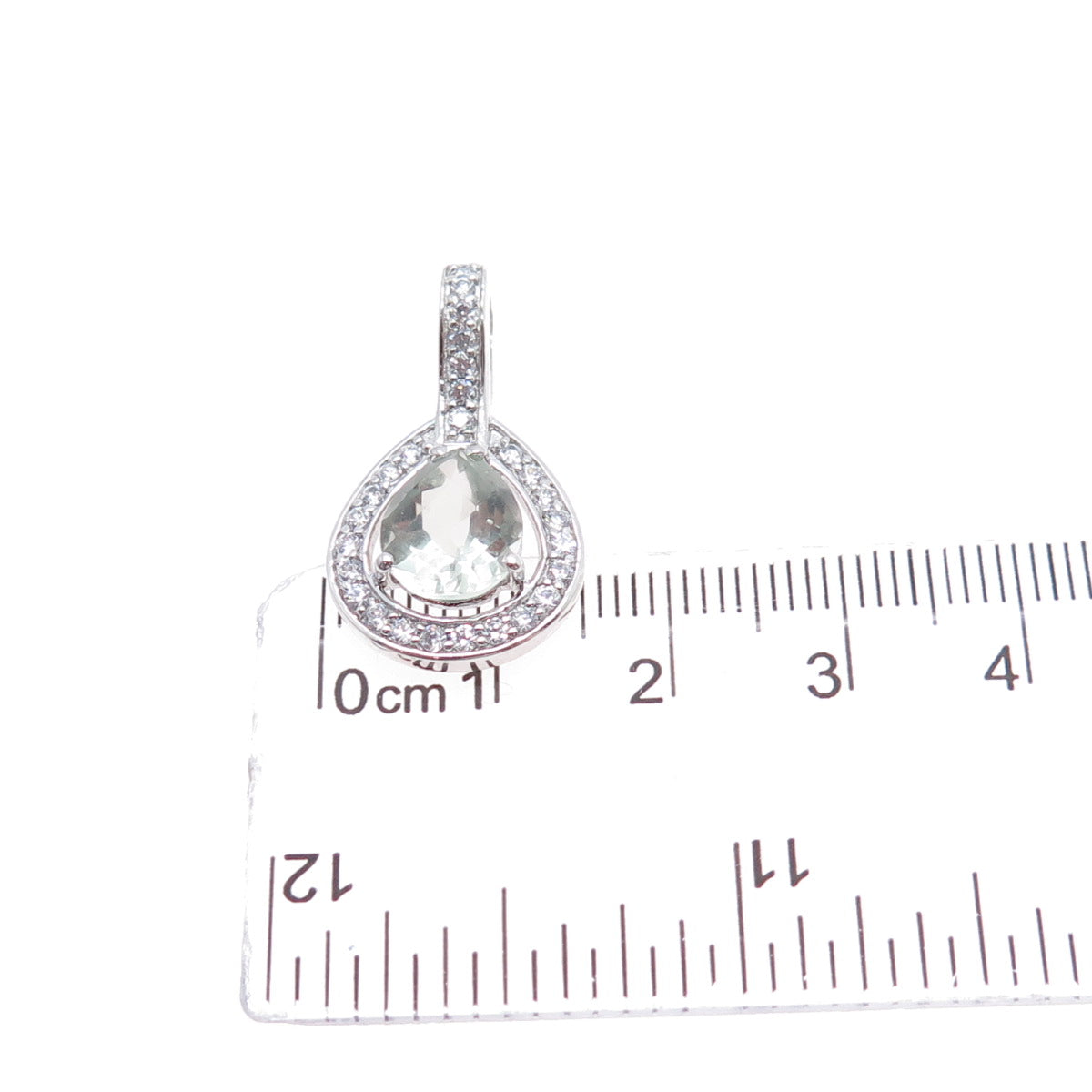 925 Sterling Silver Vintage Real Green Amethyst & C Z Teardrop Charm Pendant