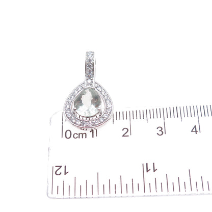 925 Sterling Silver Vintage Real Green Amethyst & C Z Teardrop Charm Pendant