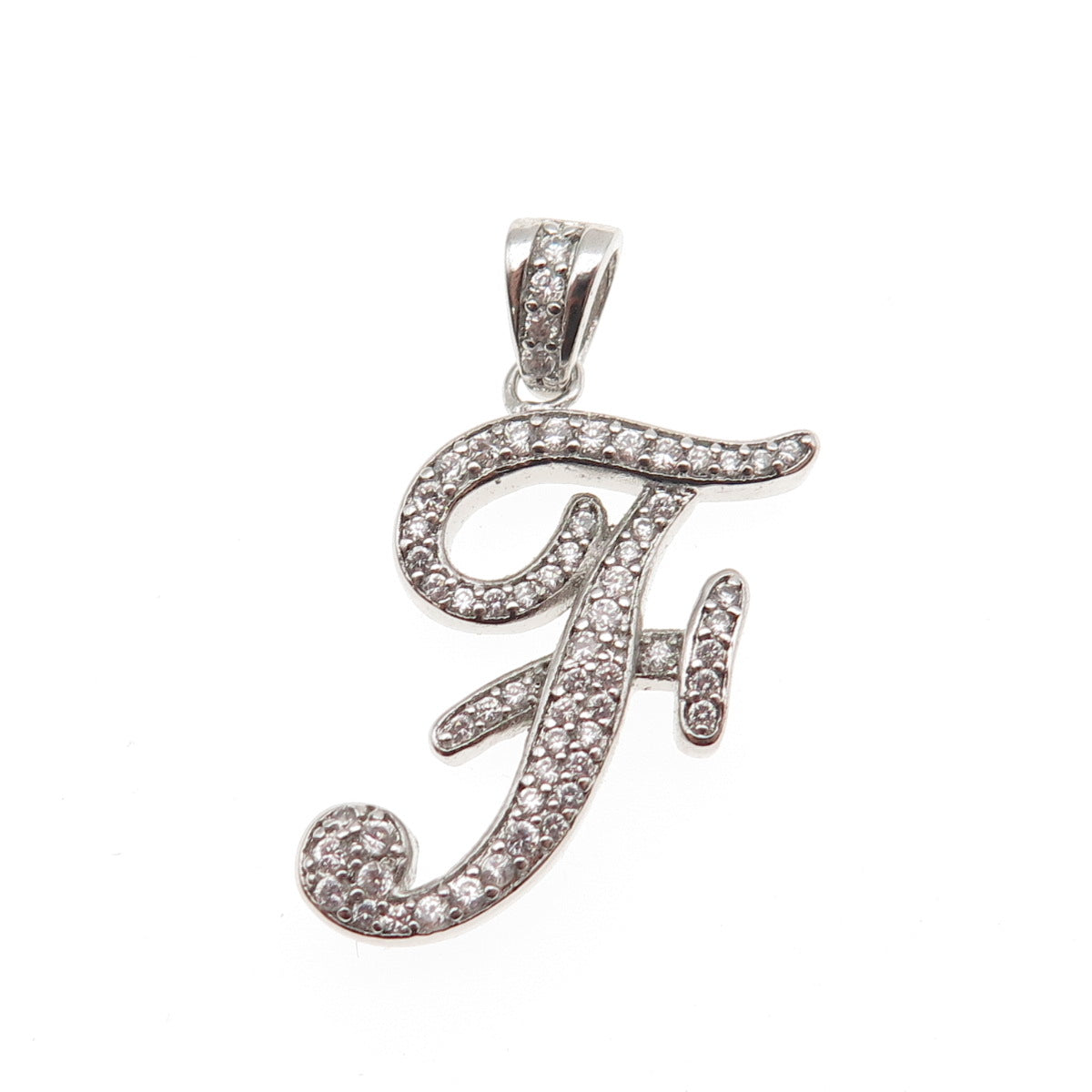 925 Sterling Silver Round-Cut C Z Letter F Initial Charm Pendant