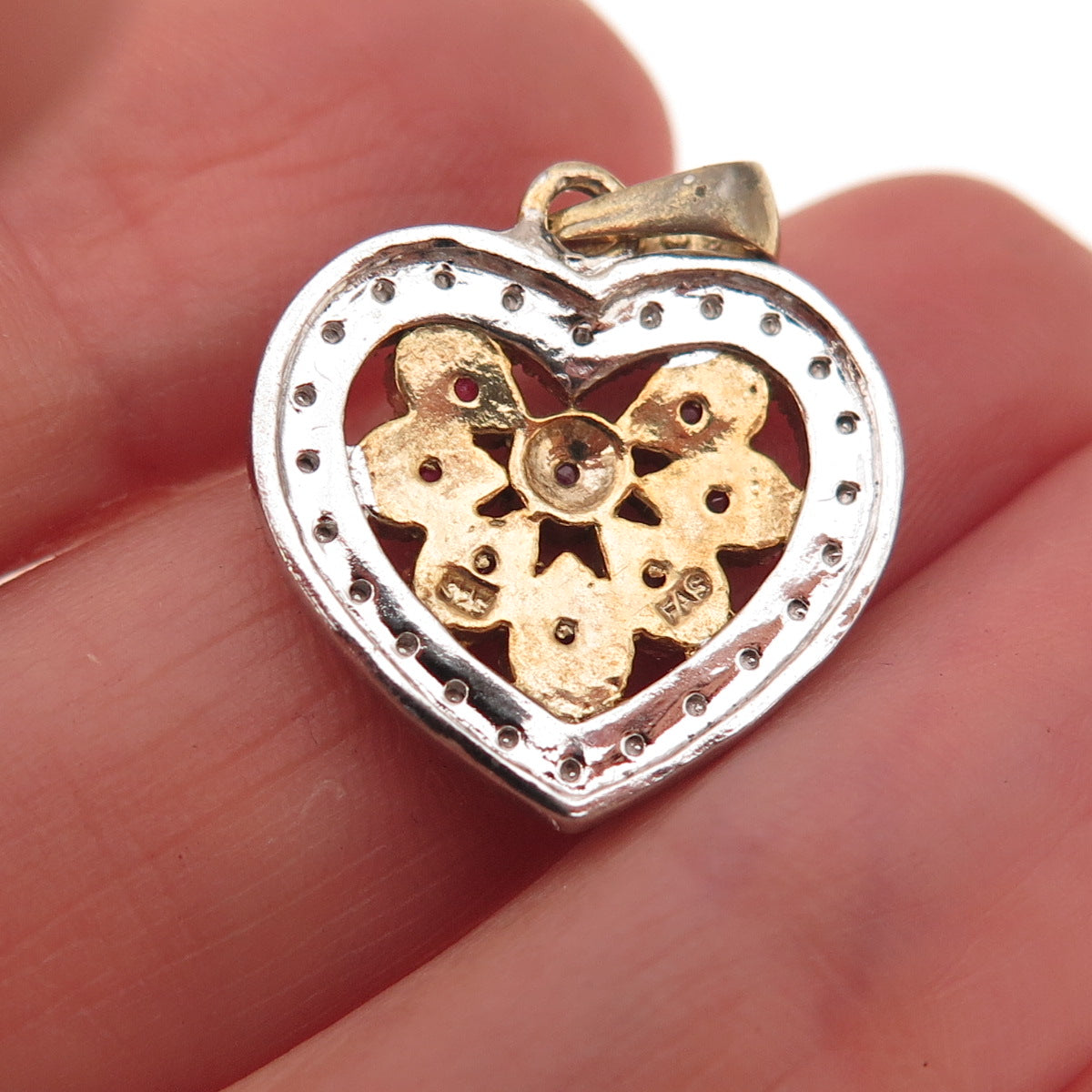 925 Sterling Silver 2-Tone Real Diamond Accent & Ruby Heart Charm Pendant