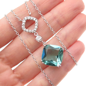 925 Sterling Silver Blue & White C Z Cable Chain Necklace 18-20"