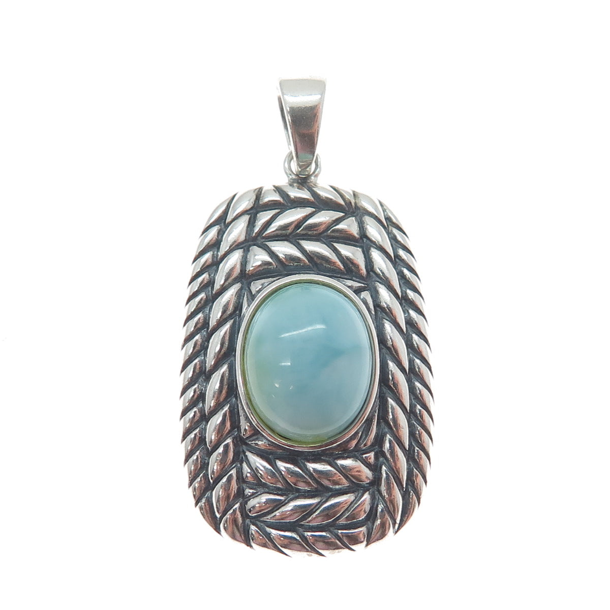 925 Sterling Silver Vintage Real Larimar Roped Oxidized Charm Pendant