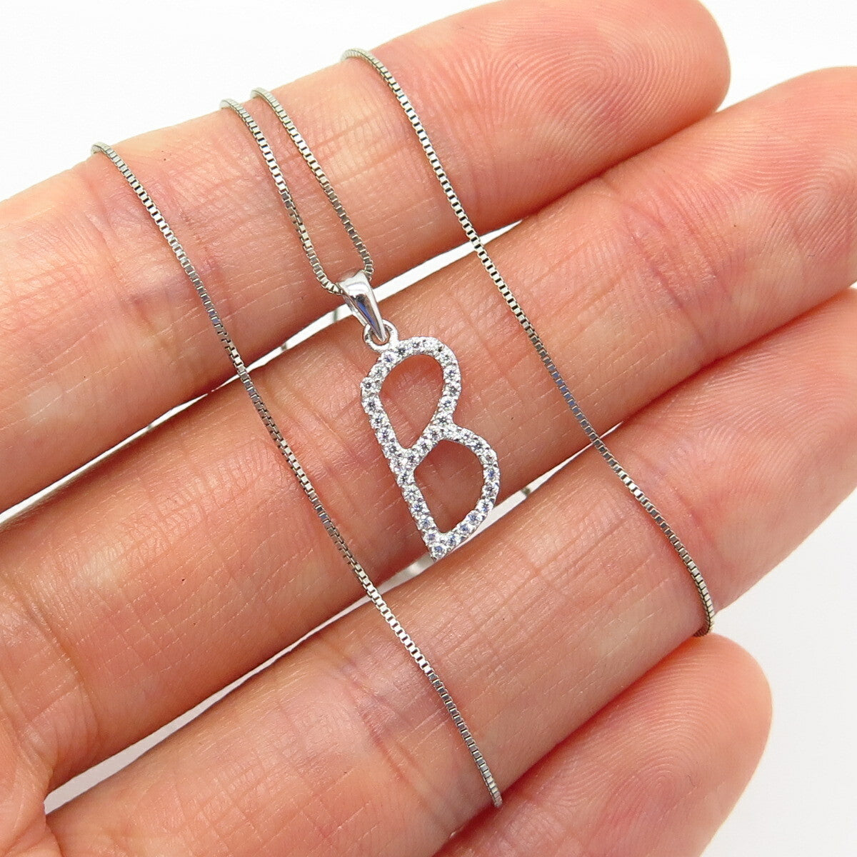 925 Sterling Silver C Z Letter "B" Initial Design Pendant Chain Necklace 17"