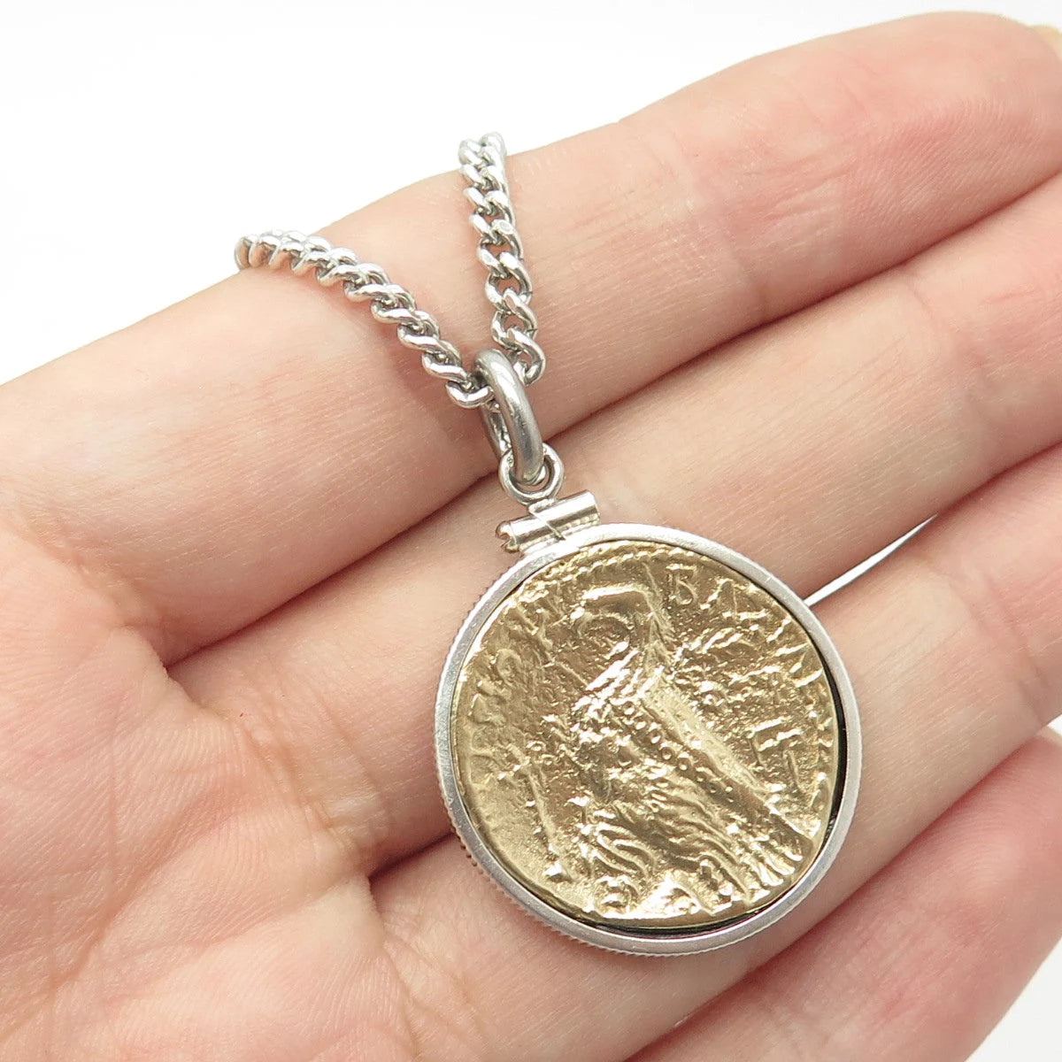 925 Sterling Silver & Brass Tetradrachm - Ptolemy V Coin Vintage Necklace 18-22"