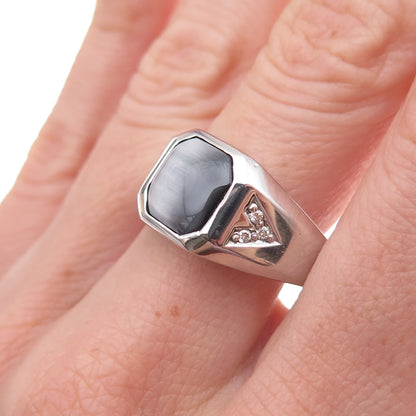 Dason 925 Sterling Silver Real Round-Cut Diamond & Cat's Eye Ring Size 11
