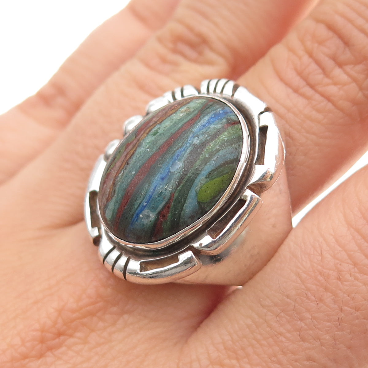 E. Jackson Old Pawn 925 Sterling Silver Vintage Rainbow Calsilica Ring Size 9.75