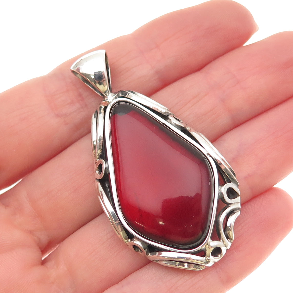 925 Sterling Silver Vintage Real Cherry Amber Modernist Floral Oxidized Pendant