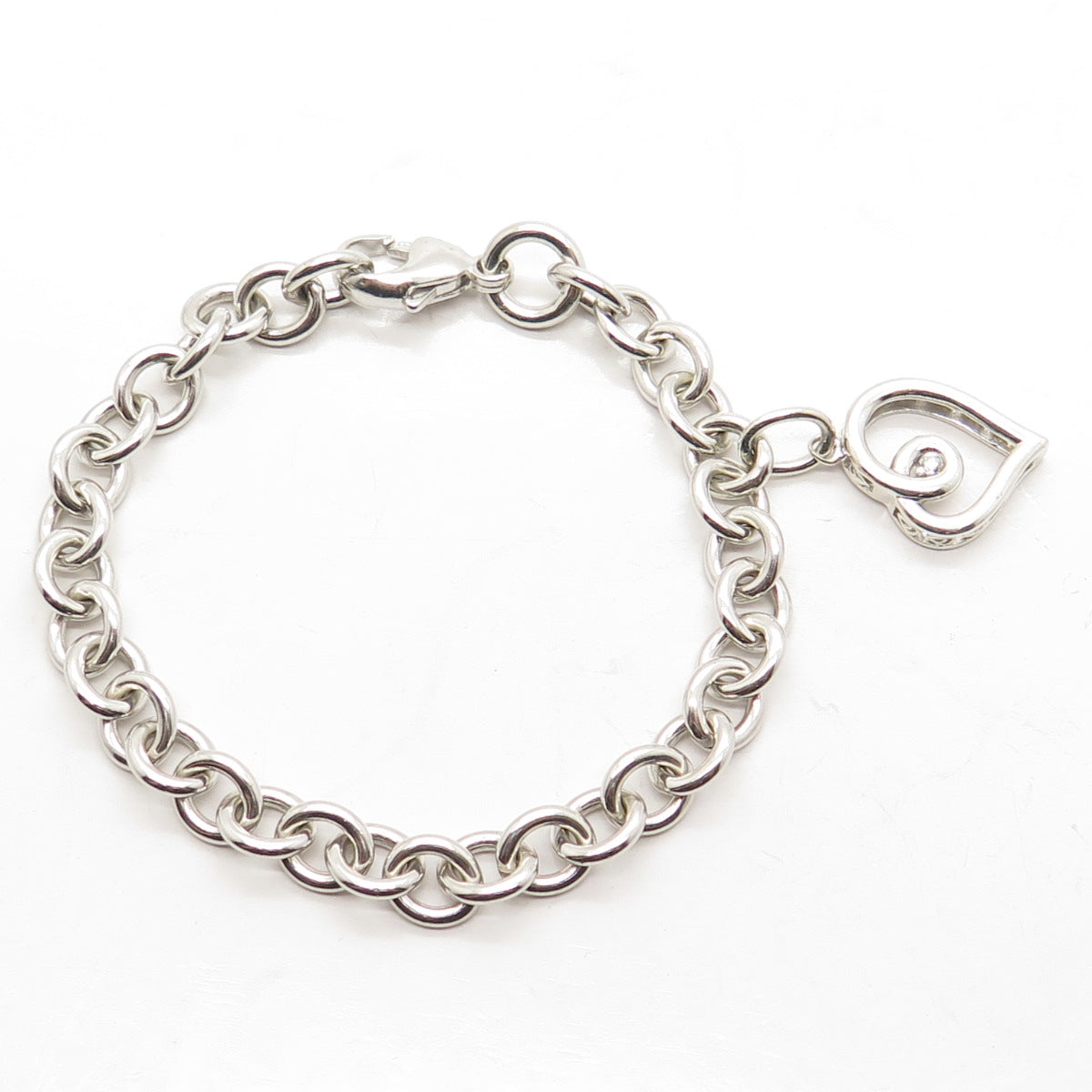 925 Sterling Silver Real Round-Cut Diamond Heart Rolo Cable Link Bracelet 6.75"