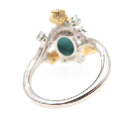925 Sterling Silver 2-Tone Real Turquoise Amethyst & Peridot Floral Ring Size 8