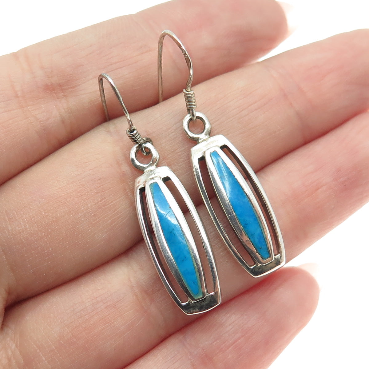 925 Sterling Silver Vintage Real Turquoise Gemstone Dangle Earrings