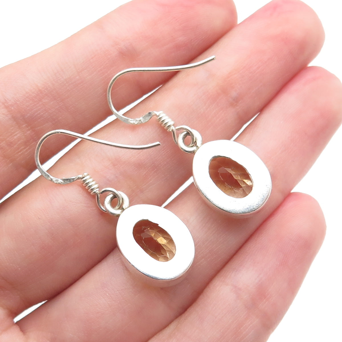 925 Sterling Silver Vintage Real Oval-Cut Citrine Dangle Earrings