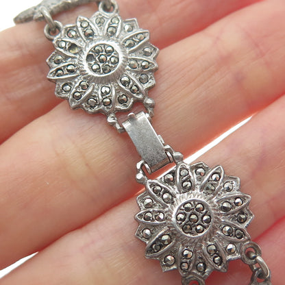 925 Sterling Silver Antique Marcasite Flower Link Bracelet 7" (missing 4 stones)