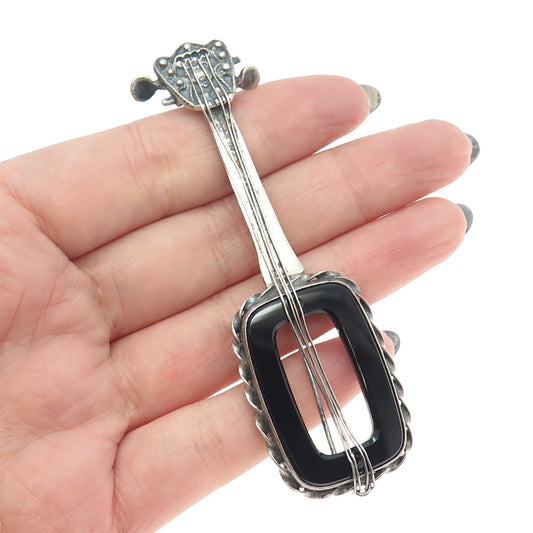 925 Sterling Silver Antique Art Deco Real Black Onyx Banjo Musical Pin Brooch