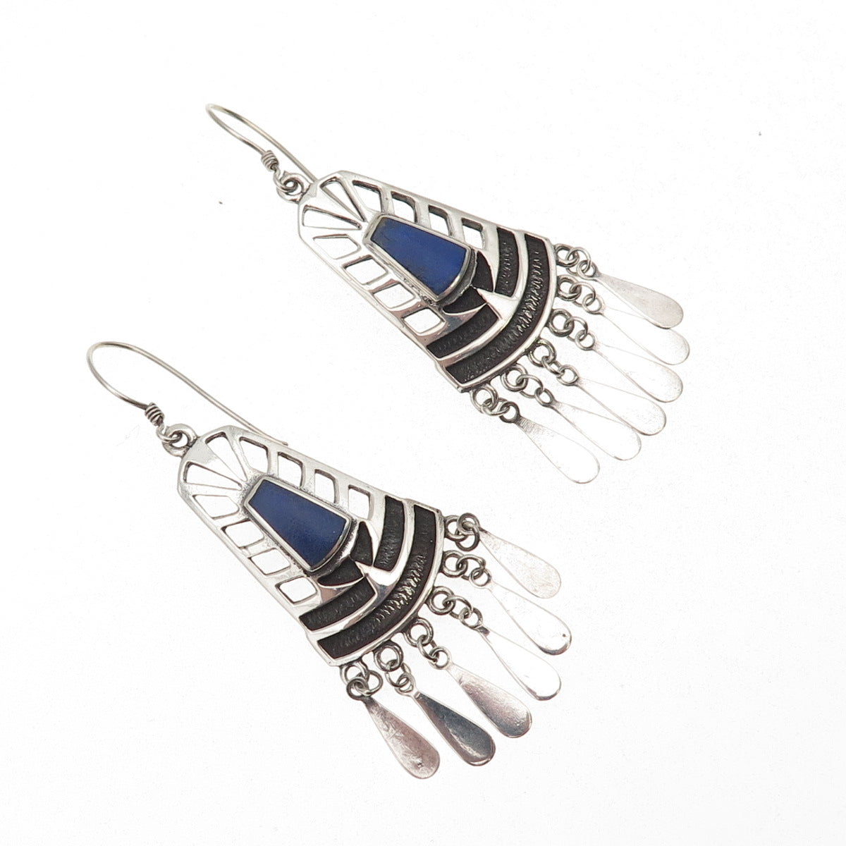 925 Sterling Silver Vintage Real Lapis Modernist Oxidized Dangle Earrings