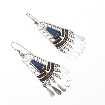 925 Sterling Silver Vintage Real Lapis Modernist Oxidized Dangle Earrings