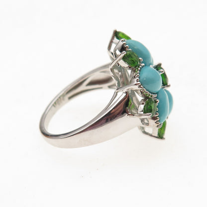 925 Sterling Silver Real Tyrone Turquoise & Peridot Floral Ring Size 8.25