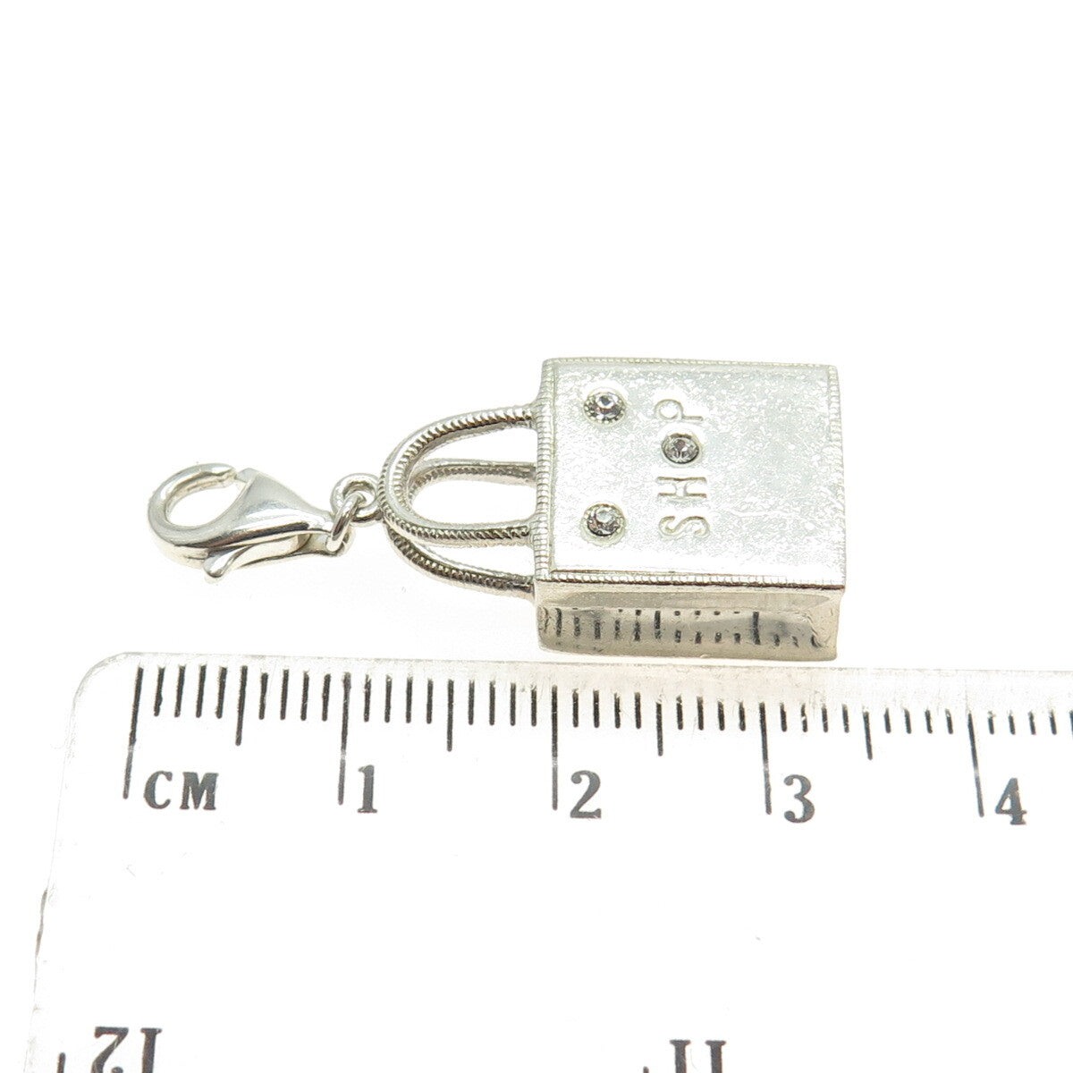 925 Sterling Silver Vintage Rhinestone "Shop" Lady's Bag 3D Charm Pendant