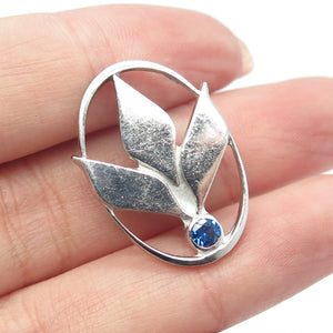 925 Sterling Silver CTO Vintage Blue C Z Floral Oval Pin Brooch