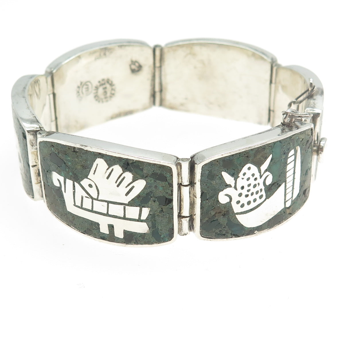 MIGUEL MELENDEZ Sterling Silver Vintage Mexico Azurite Tribal Animal Bracelet 7"