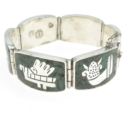 MIGUEL MELENDEZ Sterling Silver Vintage Mexico Azurite Tribal Animal Bracelet 7"