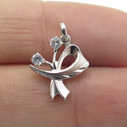 925 Sterling Silver Antique Art Deco Real White Topaz Bow Minimalist Pendant