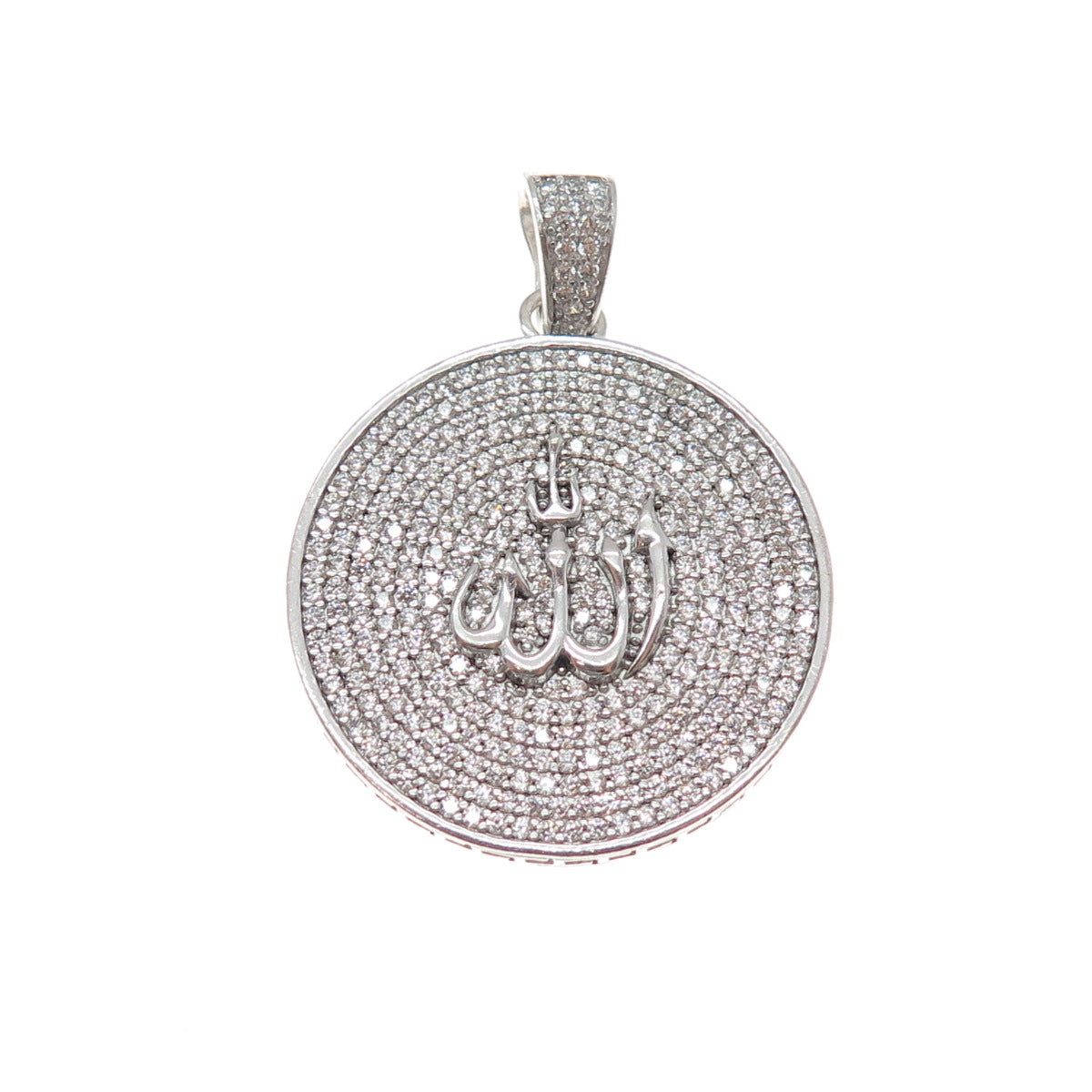 925 Sterling Silver Round-Cut C Z Allah Muslim Religious Charm Pendant