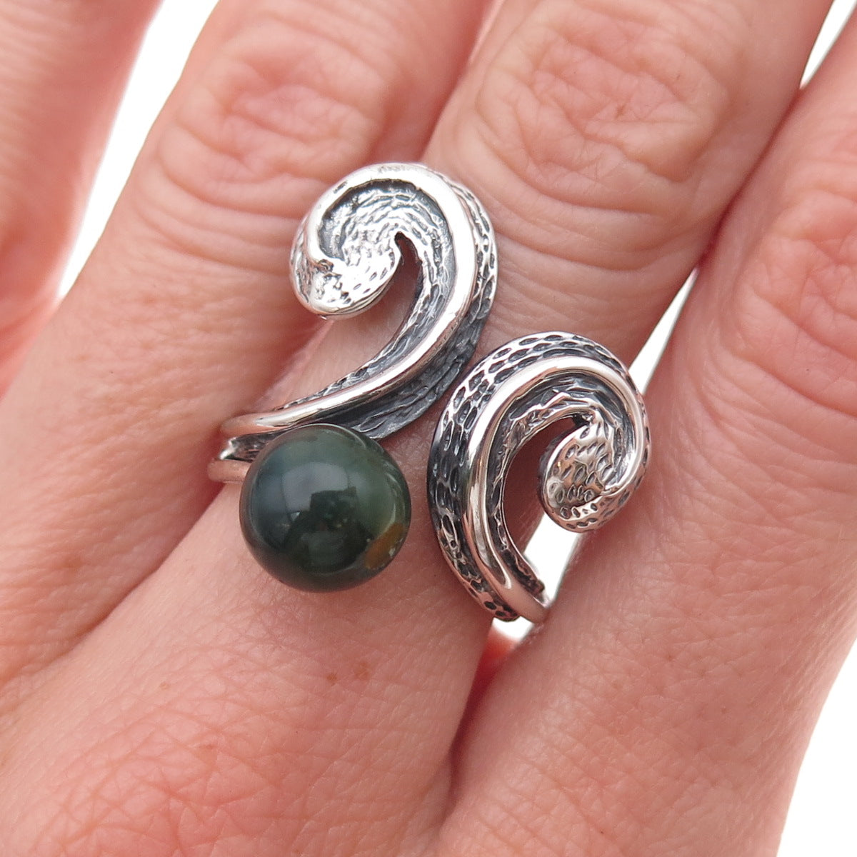 925 Sterling Silver Vintage Real Jade Modernist Adjustable Ring Size 7.5