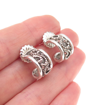 Lois Hill 925 Sterling Silver Vintage Granulated Scroll Hoop Earrings