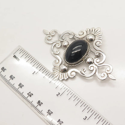 925 Sterling Silver Vintage Mexico Real Black Onyx Gemstone Ornate Pin Brooch