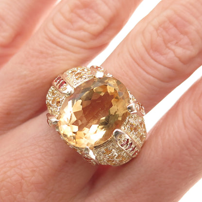 925 Sterling Silver Gold Plated Real Citrine & Multi-Color Topaz Ring Size 10
