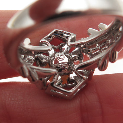 925 Sterling Silver Real Diamond & Pearl Floral Ring Size 10.25
