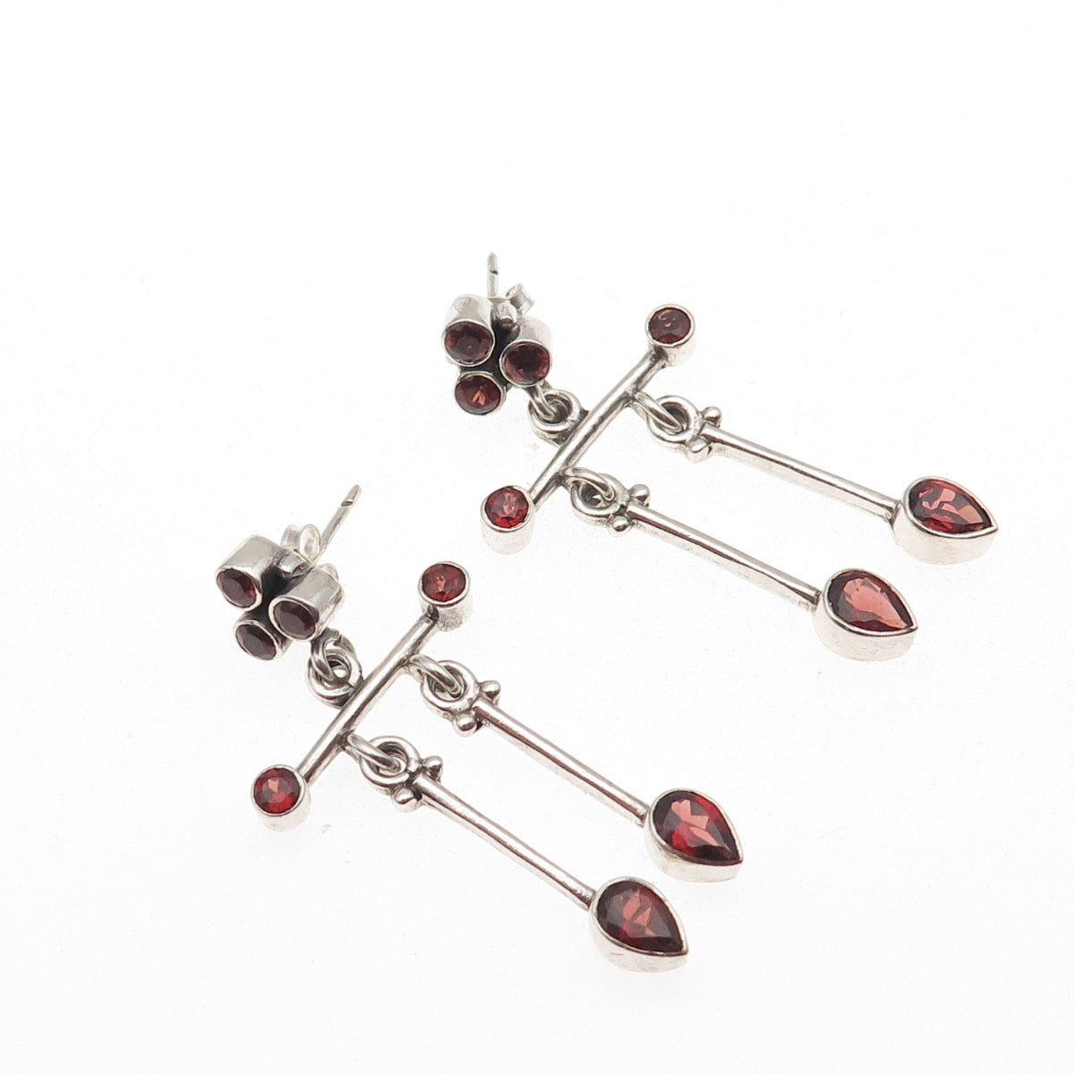 925 Sterling Silver Vintage Real Red Garnet Modernist Dangle Earrings
