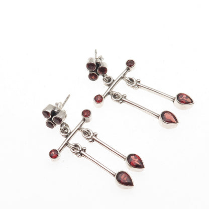 925 Sterling Silver Vintage Real Red Garnet Modernist Dangle Earrings