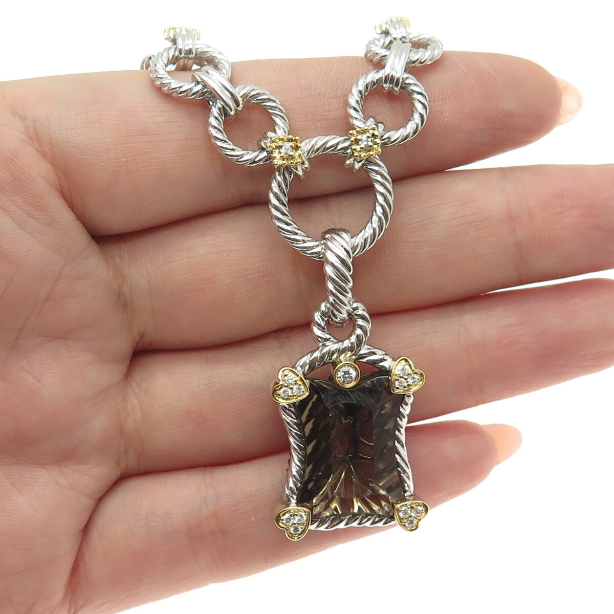 DANWAK 18K Gold Sterling 13-Diamond 0.20ct & Smoky Quartz 11.86ct Necklace 16"
