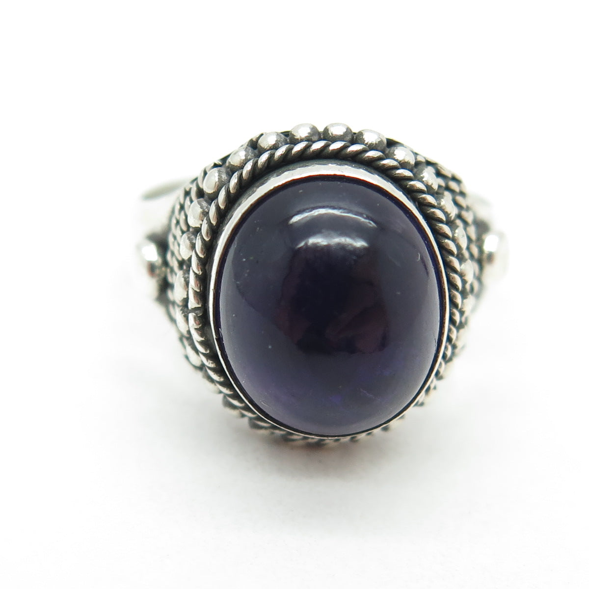 925 Sterling Silver Vintage Real Cabochon Amethyst Roped Ring Size 6.75