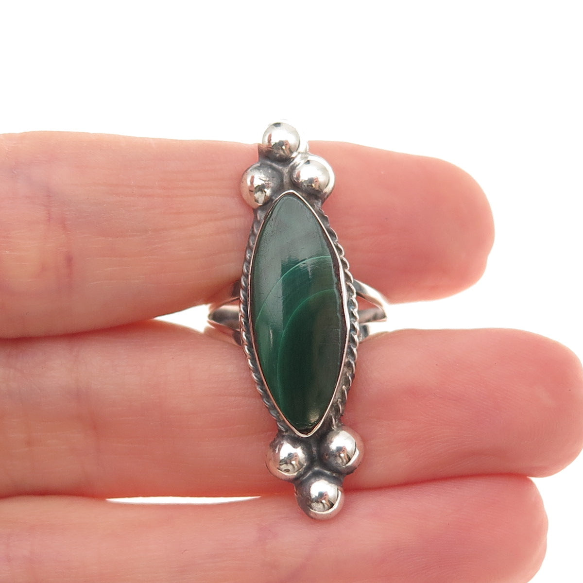 925 Sterling Silver Vintage Mexico Real Malachite Oxidized Ring Size 5.5