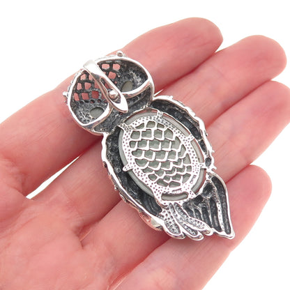 925 Sterling Silver Vintage Real Jade & C Z Owl Bird Oxidized Slide Pendant