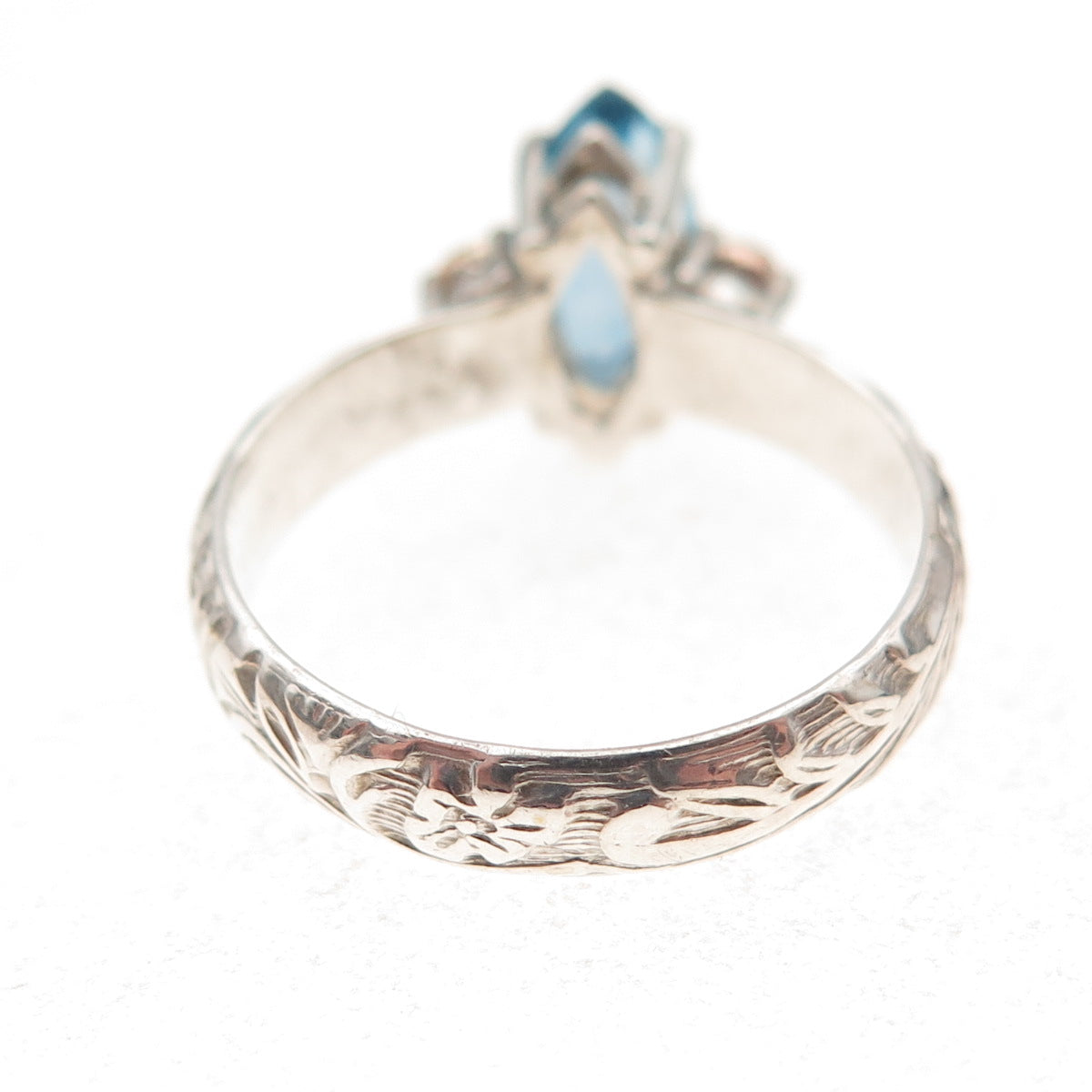 925 Sterling Silver 2-Tone Vintage Real Marquise-Cut Blue Topaz Ring Size 7.75