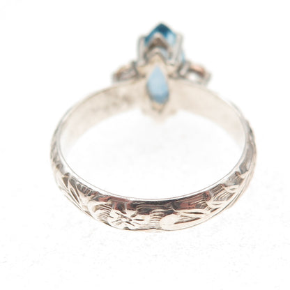 925 Sterling Silver 2-Tone Vintage Real Marquise-Cut Blue Topaz Ring Size 7.75