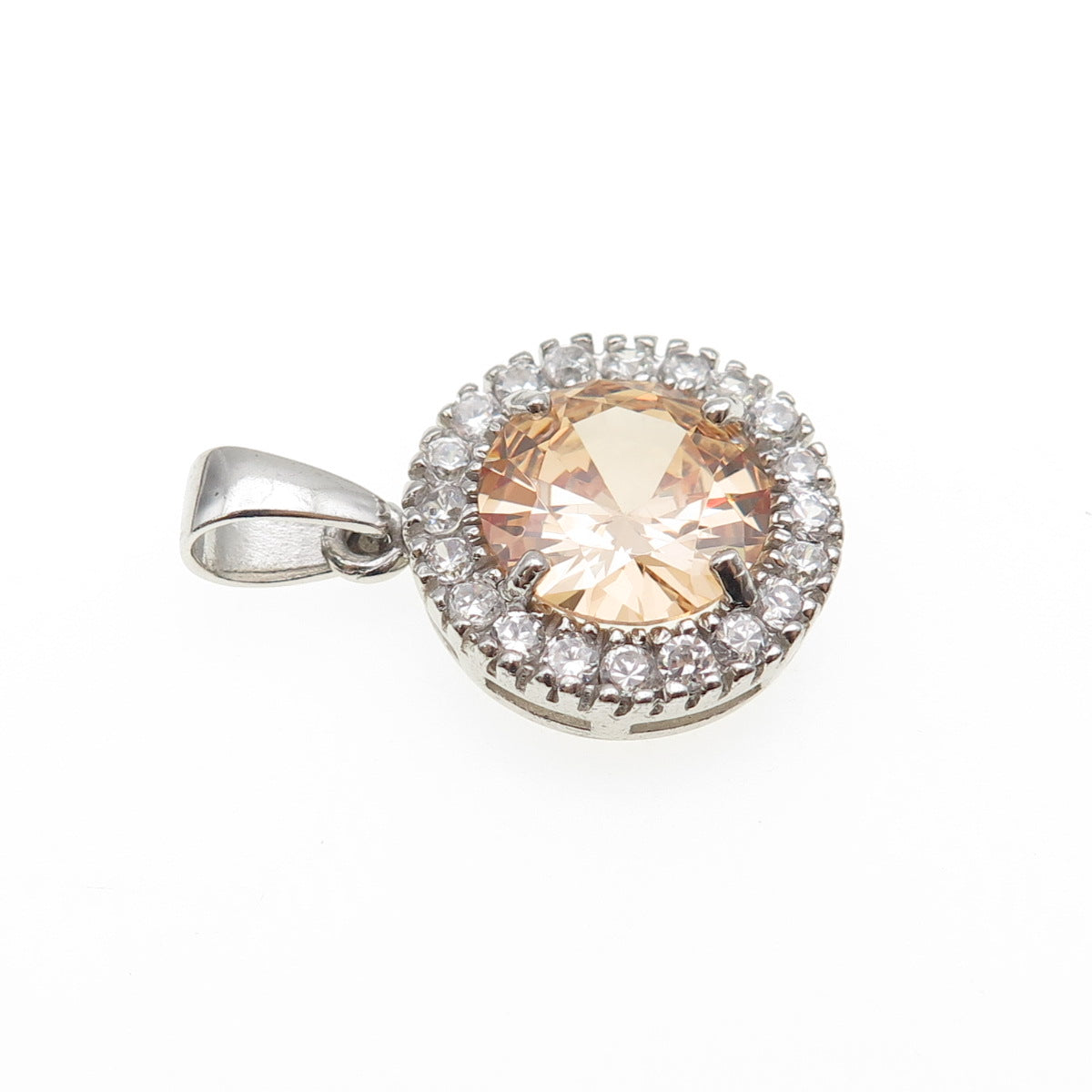 925 Sterling Silver Round-Cut Champagne & White C Z Mini Charm Pendant