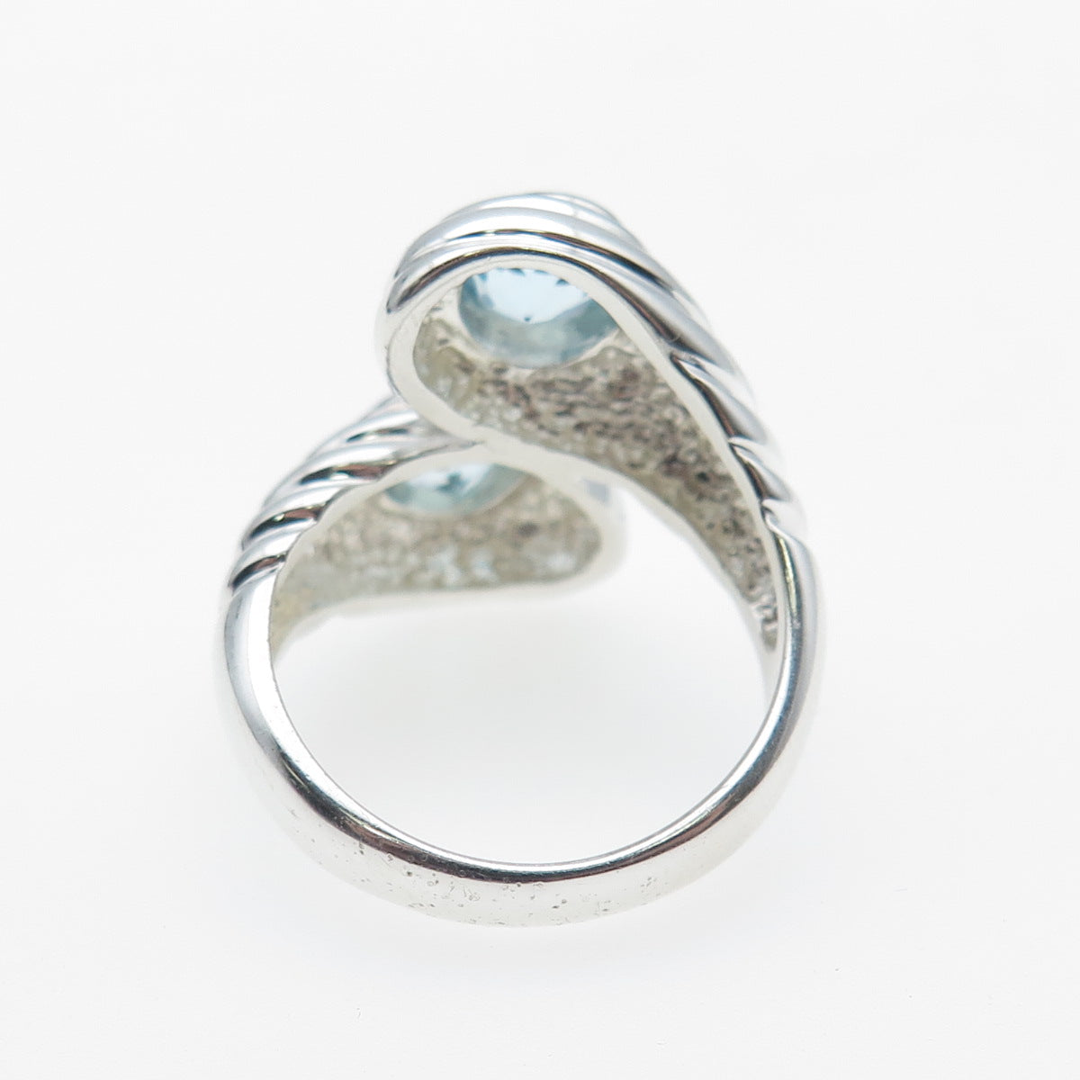 925 Sterling Silver Vintage Real Blue Topaz Modernist Bypass Ring Size 7