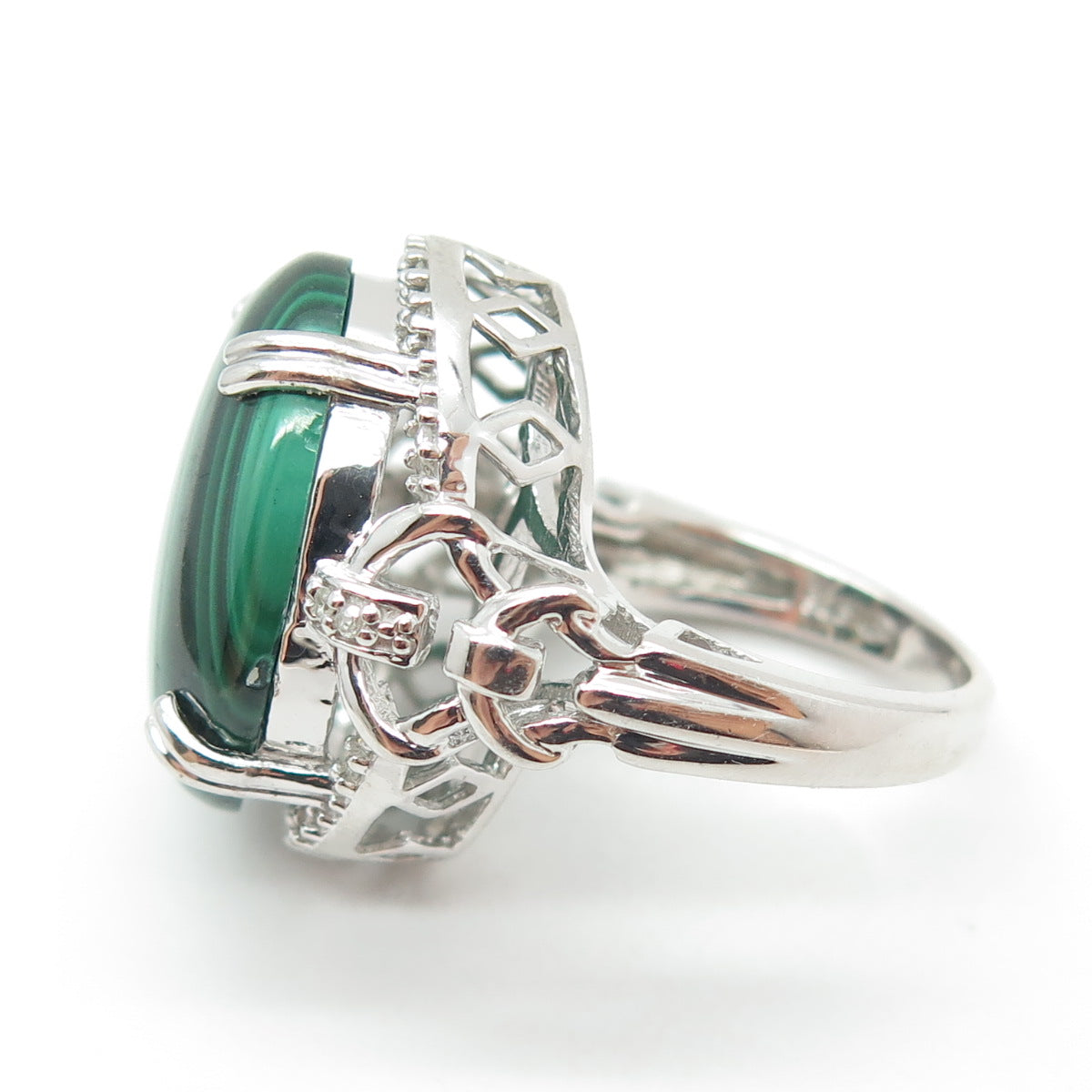 HN HENG NGAI 925 Sterling Silver Real Diamond & Malachite Ring Size 6