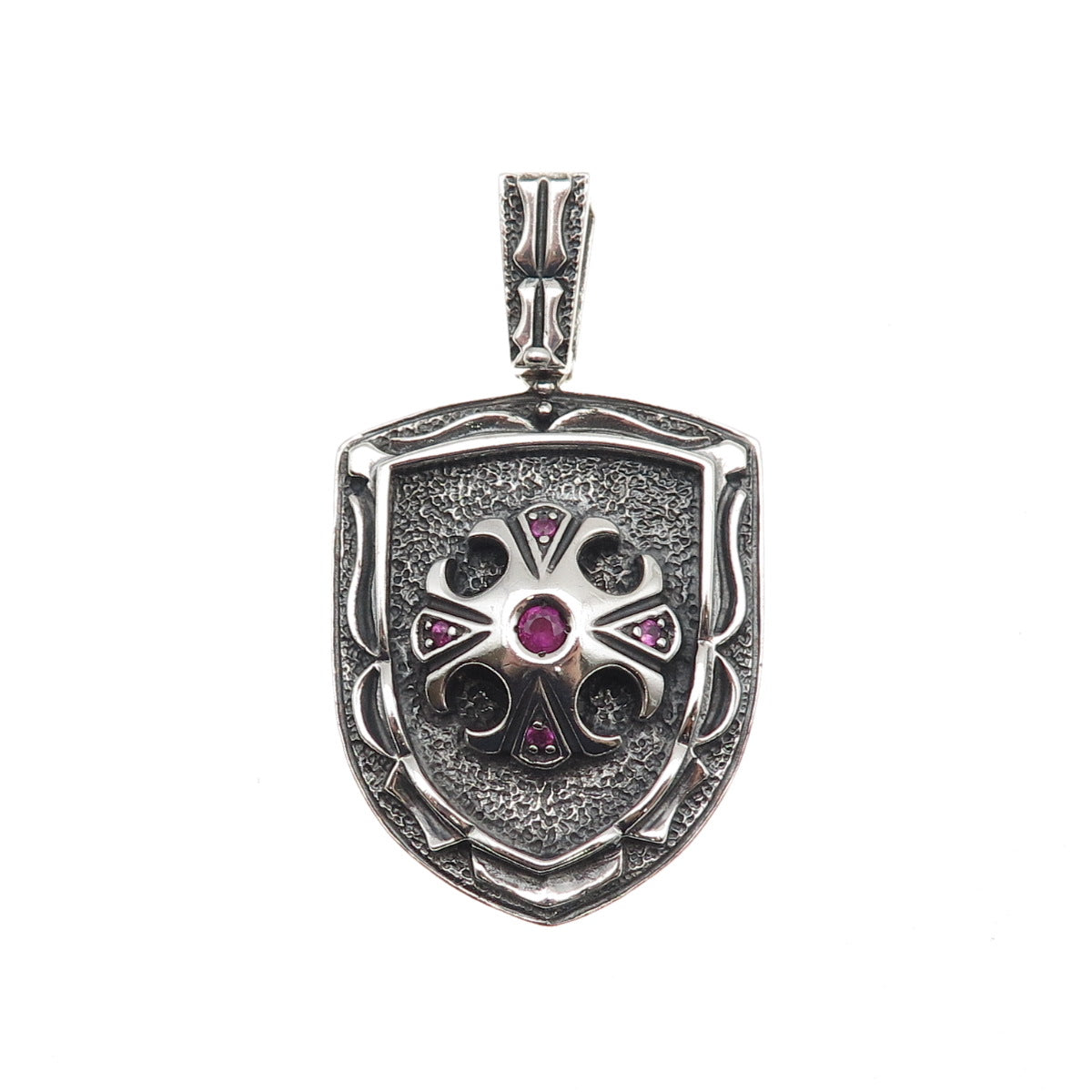 Jolusa 925 Sterling Silver Black Rhodium Real Ruby Floral Cross Shield Pendant