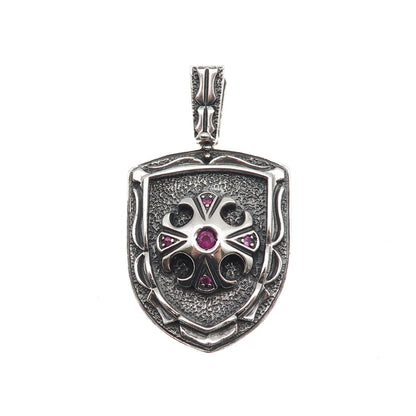 Jolusa 925 Sterling Silver Black Rhodium Real Ruby Floral Cross Shield Pendant