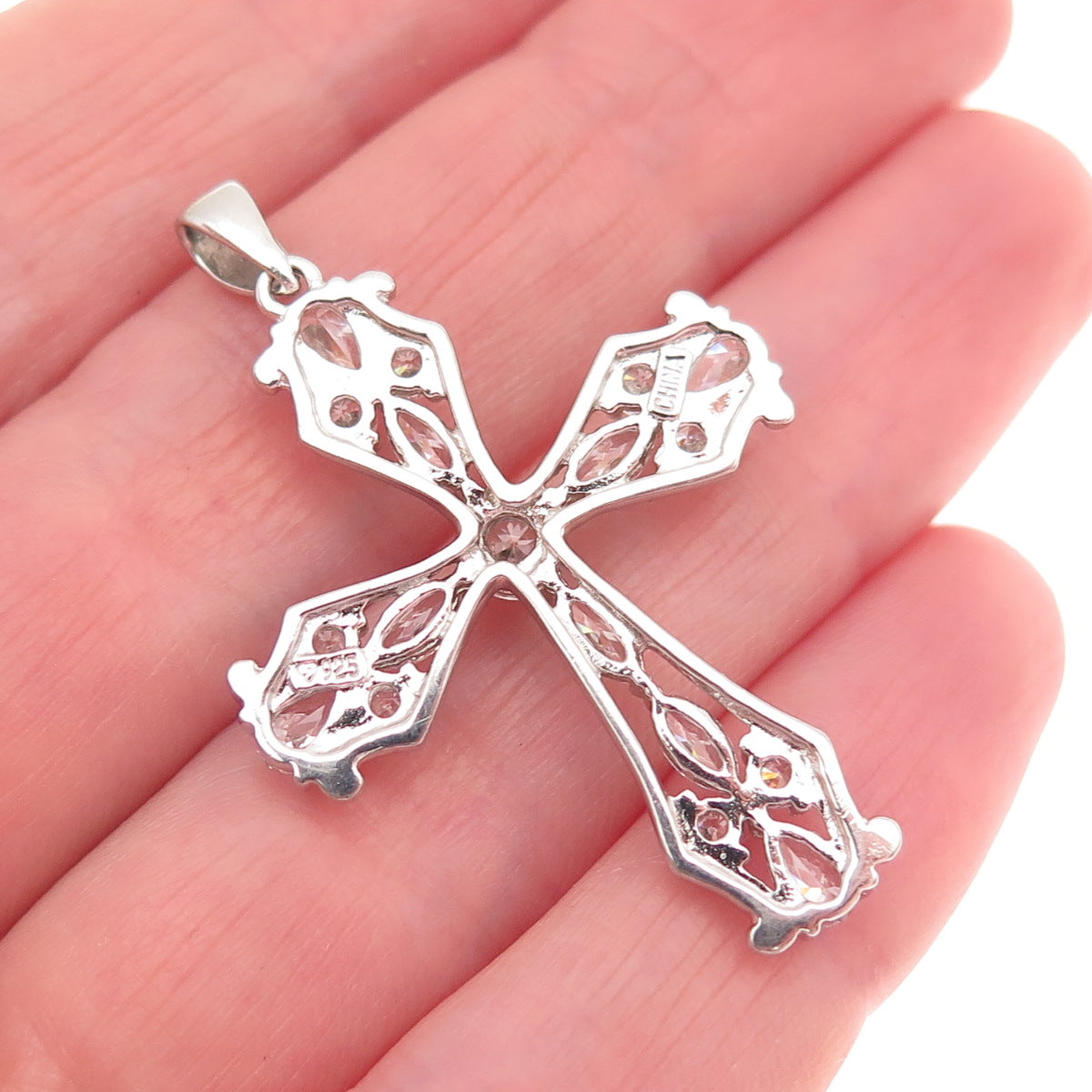 925 Sterling Silver Round Pear & Marquise-Cut C Z Cross Charm Pendant