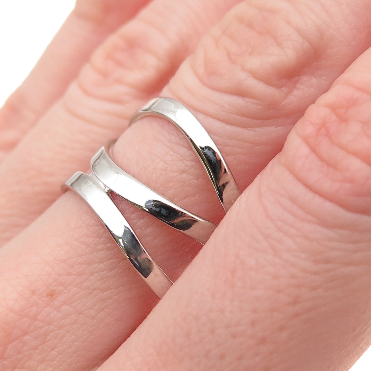 925 Sterling Silver Vintage Modernist Wavy 3-Row Ring Size 9.25